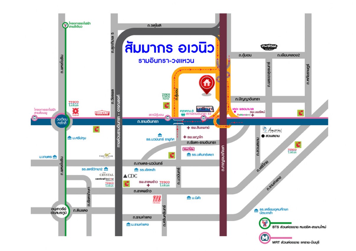 *****ทาวน์เฮ้าส์มือสองกรุงเทพมหานคร โครงการ สัมมากร อเวนิว รามอินทรา-วงแหวน เนื้อที่เกือบ 18 ตร.ว. ฟังก์ชัน 2 ห้องนอน 2 ห้องน้ำ 1 ที่จอดรถ บ้านตกแต่งใหม่พร้อมอยู่ บนทำเลแห่งการเดินทาง ติดถนนเลียบมอเตอร์เวย์ เชื่อมต่อถนนคู้บอน, ถนนรามอินทรา ใกล้คู่ขนานมอเตอร์เวย์ และจุดขึ้นทางด่วน "จตุโชติ"